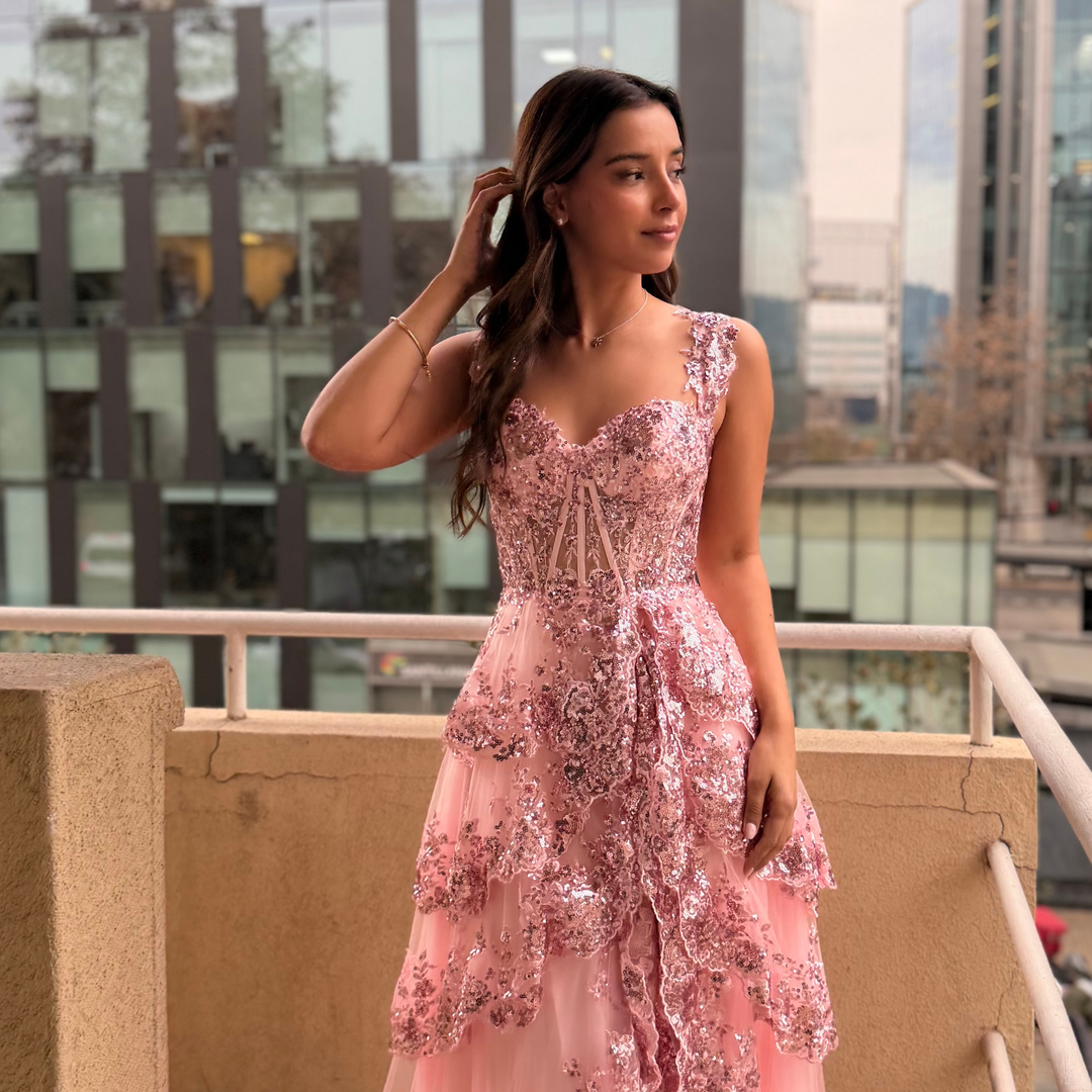Emma Clara - Vestido De Fiesta A Capas y Lentejuelas Blanca Rosa