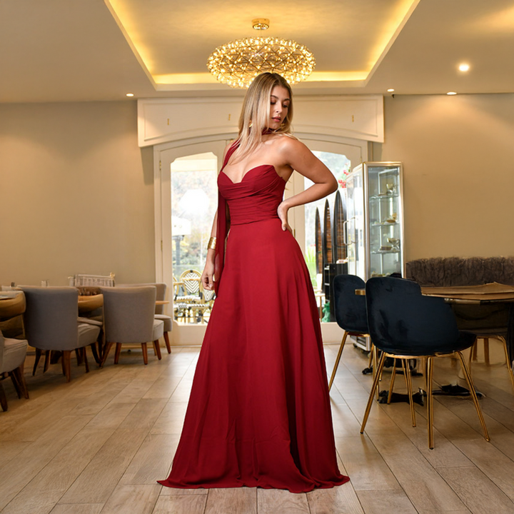Emma Clara - Vestido Largo Gasa Escote Strapless Pauli Borgoña