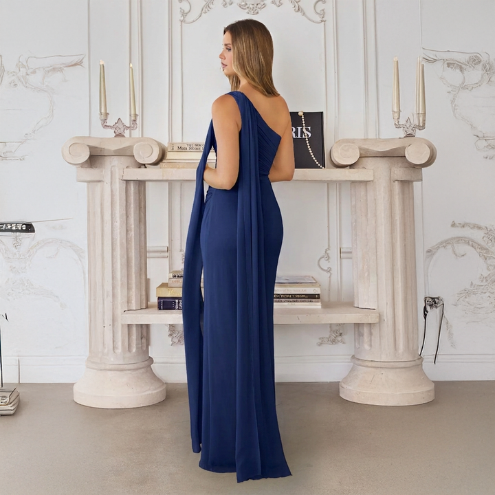 Emma Clara - Vestido de Fiesta Largo Asimétrico Gasa Ángel Azul Navy