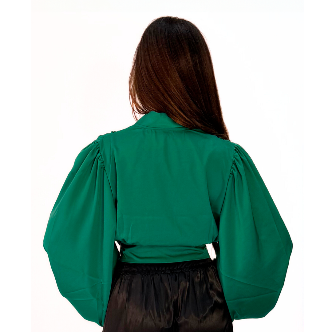 Emma Clara - Blusa Manga Globo Larga Verde Esmeralda