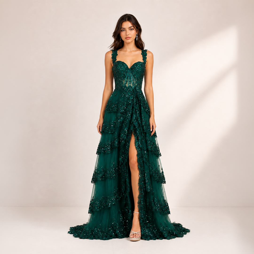 Emma Clara - Vestido De Fiesta A Capas y Lentejuelas Blanca Verde Esmeralda
