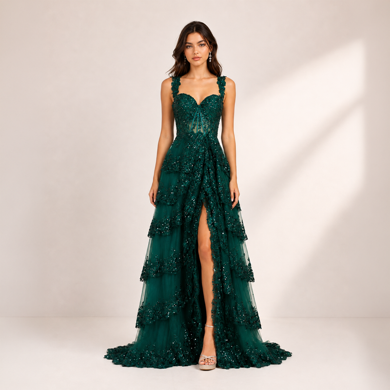 Emma Clara - Vestido De Fiesta A Capas y Lentejuelas Blanca Verde Esmeralda