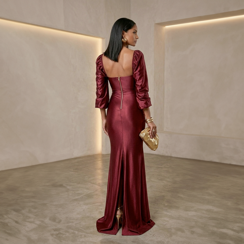 Emma Clara - Vestido de Fiesta Ajustado Mangas 3/4 Aitana Borgoña