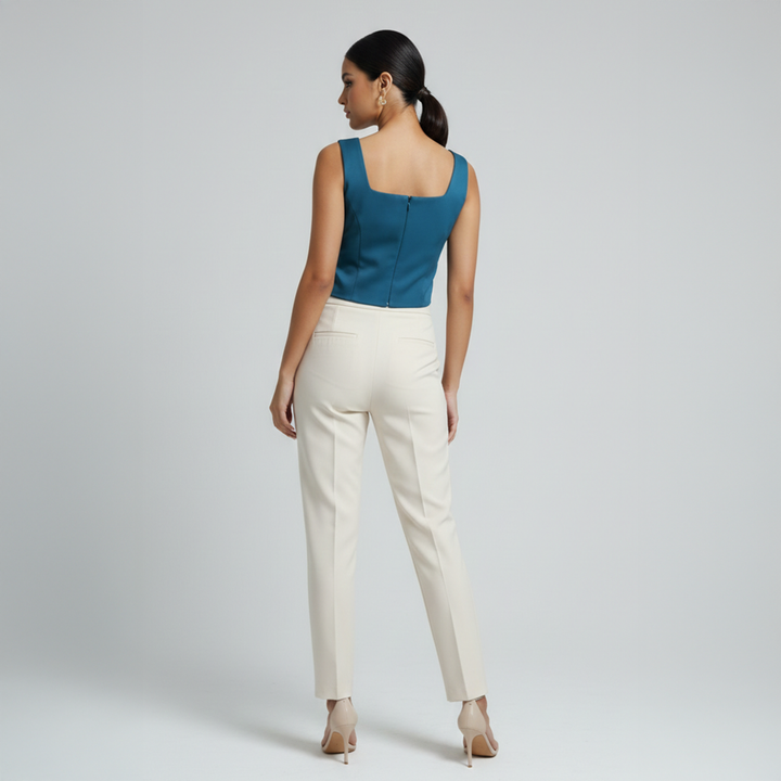 Emma Clara - Crop Top de Satín con Cuello Cuadrado Verde Petróleo