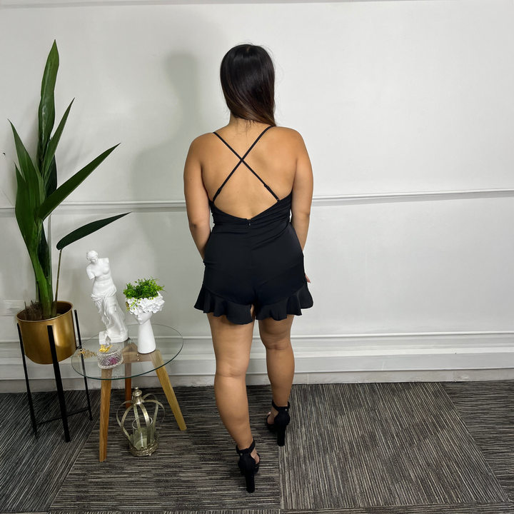 Emma Clara - Rompers Satinado Drapeado EC0256 Negro