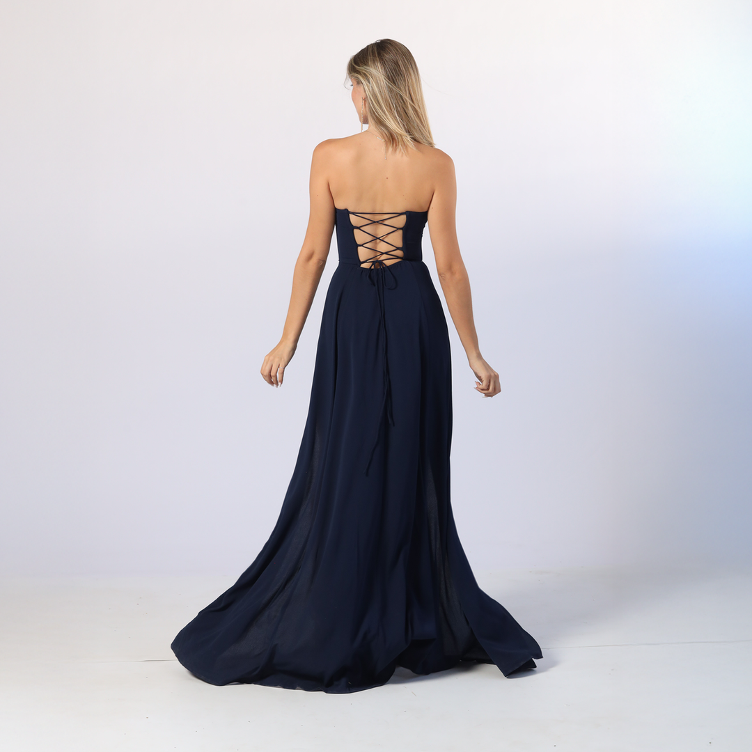 Emma Clara - Vestido de Fiesta Strapless Aberturas Mili Azul Marino