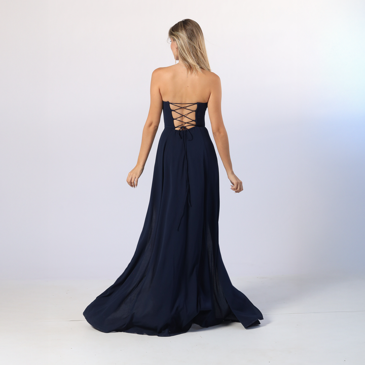 Emma Clara - Vestido de Fiesta Strapless Aberturas Mili Azul Marino