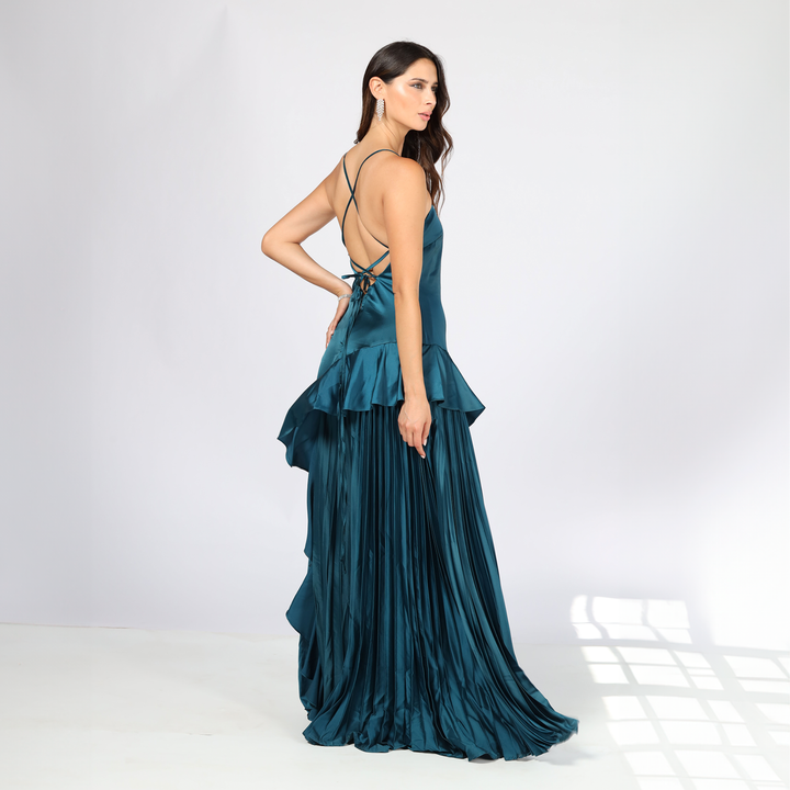 Emma Clara - Vestido de Fiesta Plisado Carmen Verde Petróleo