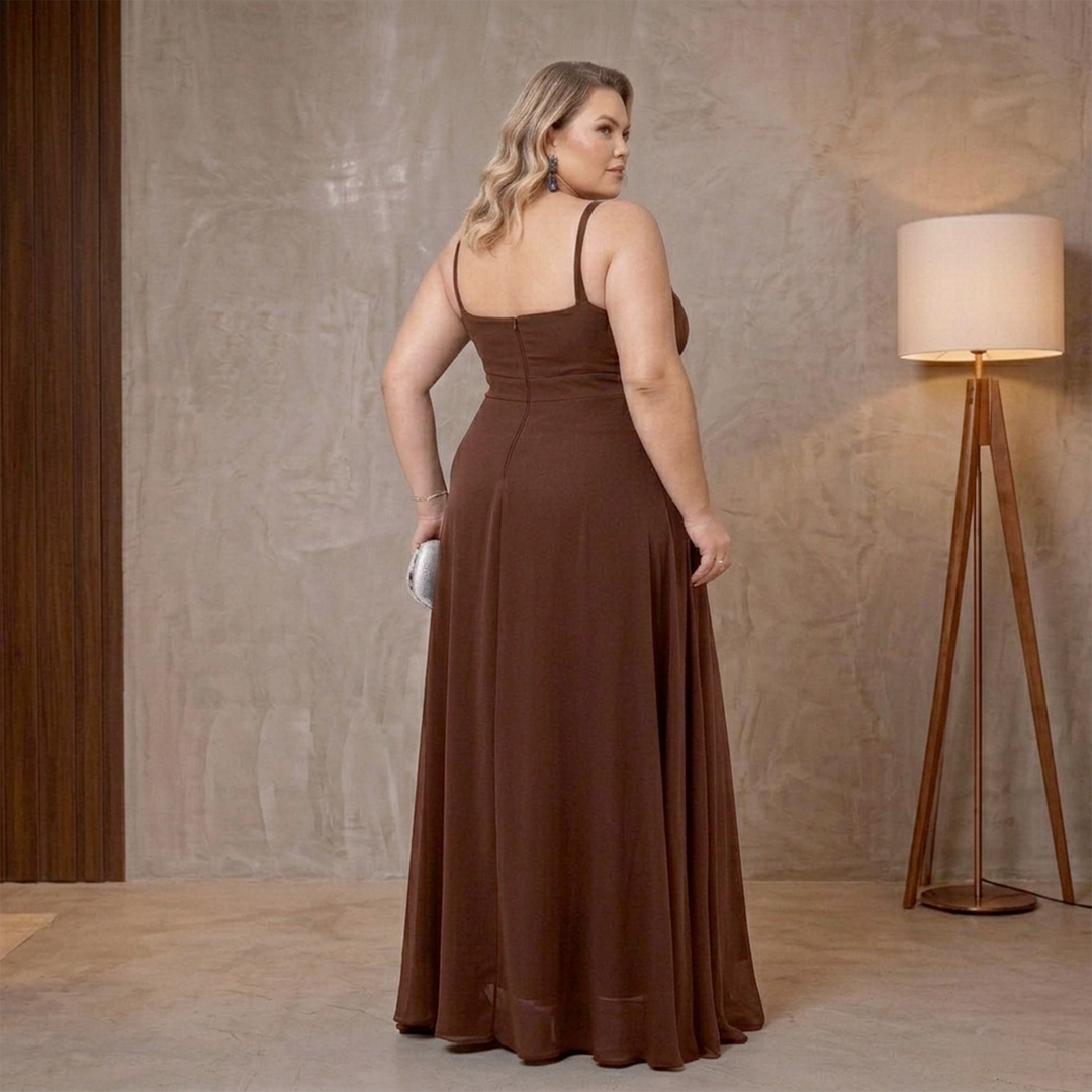 Emma Clara - Vestido de Fiesta Tipo A con Capa de Gasa Lía Chocolate