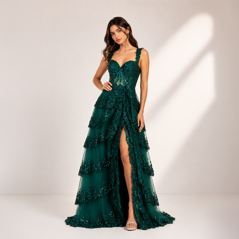 Emma Clara - Vestido De Fiesta A Capas y Lentejuelas Blanca Verde Esmeralda