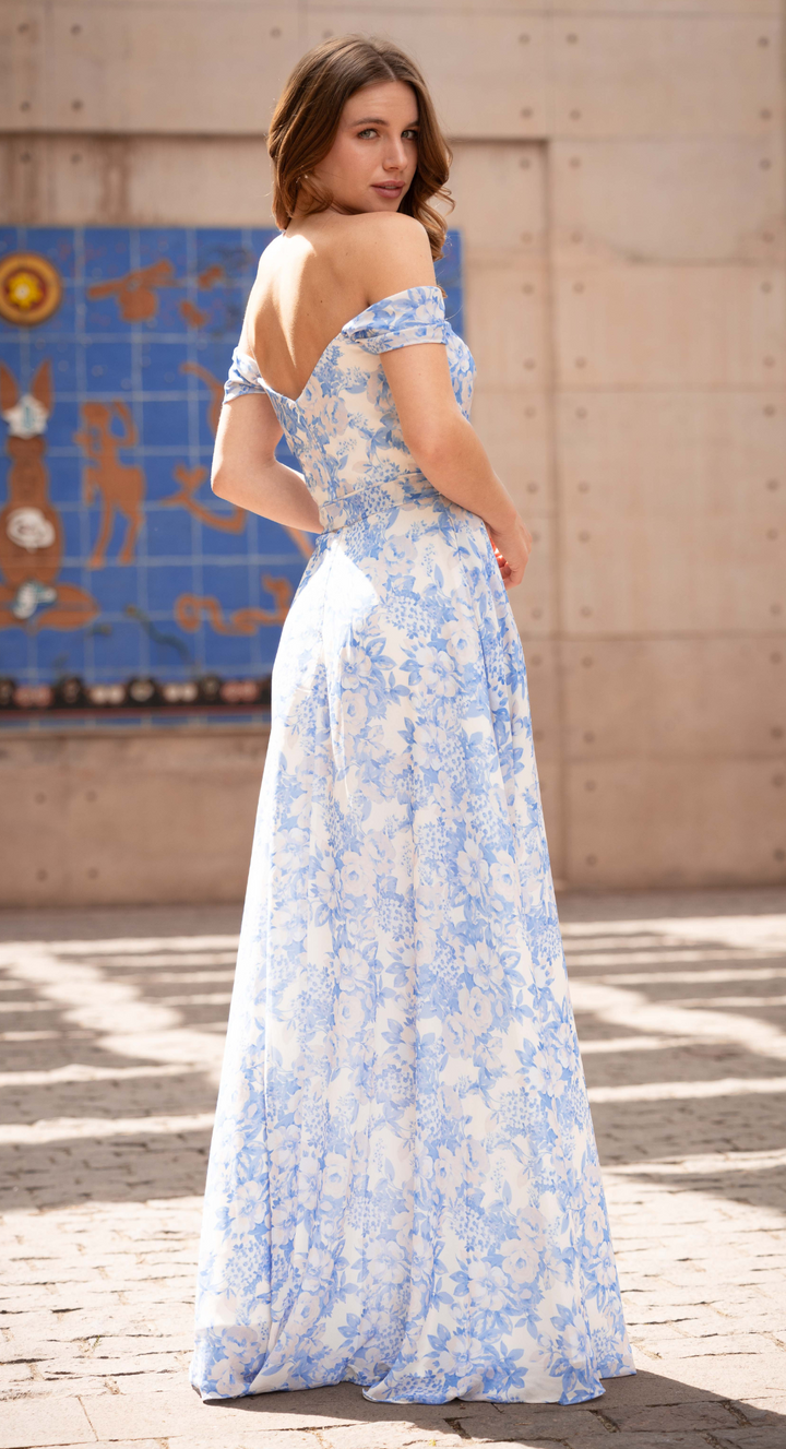 Emma Clara - Vestido Largo de Fiesta Cris Floreado Sky Blue