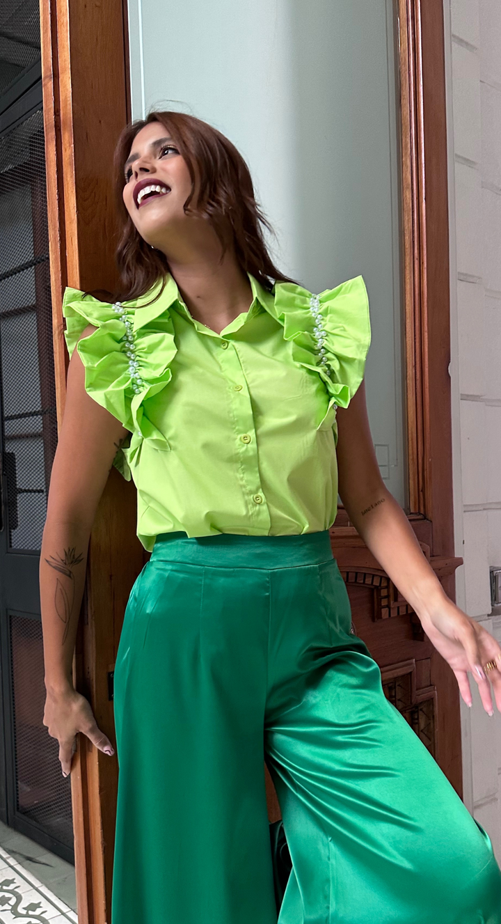 Emma Clara - Blusa Sin Mangas con Drapeado y Perlas Verde Lima