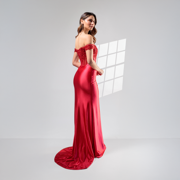 Emma Clara - Vestido Fiesta Corset Escote Bardot Sofía Rojo