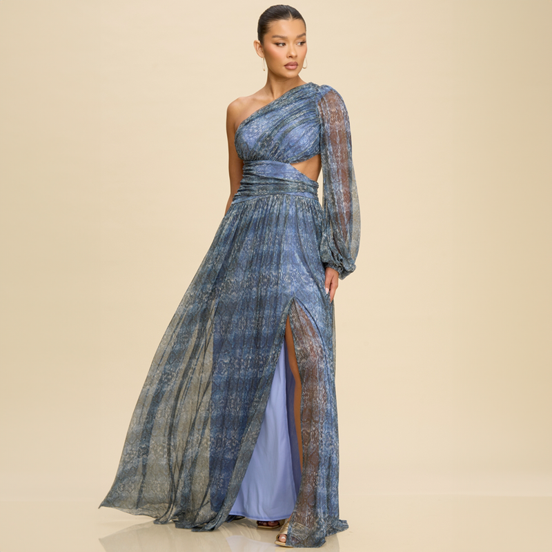 Emma Clara - Vestido largo asimétrico con manga Noa Azul Profundo