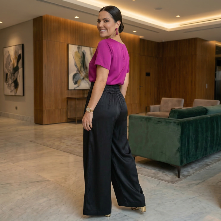 Emma Clara - Pantalón tipo Palazzo simil Satin Negro