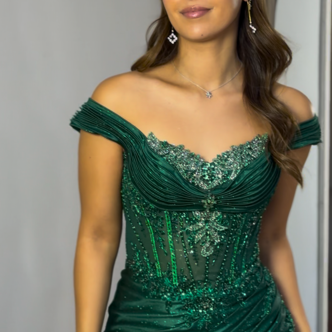 Emma Clara - Vestido de Fiesta Con Pedrería y Corset Magda Verde Esmeralda