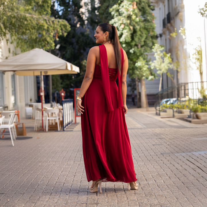 Emma Clara - Vestido Largo Gasa Escote Strapless Pauli Borgoña