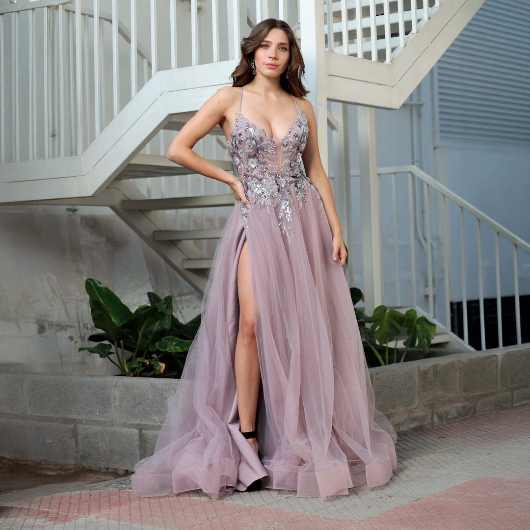 Emma Clara - Vestido de fiesta tul escote V Bordado Renata Mauve
