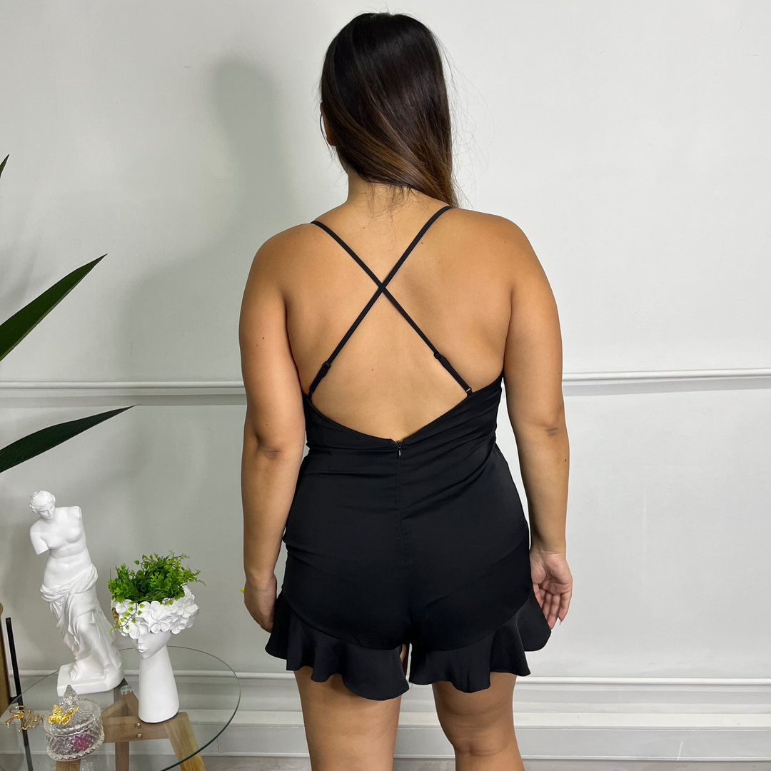 Emma Clara - Rompers Satinado Drapeado EC0256 Negro