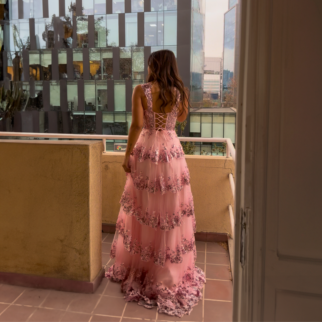 Emma Clara - Vestido De Fiesta A Capas y Lentejuelas Blanca Rosa