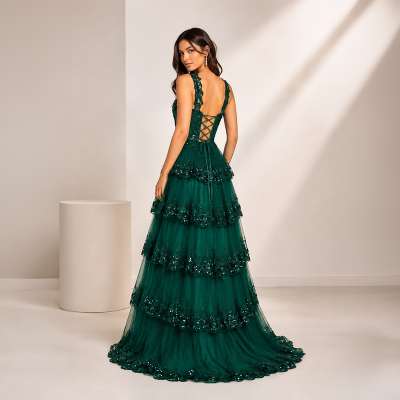Emma Clara - Vestido De Fiesta A Capas y Lentejuelas Blanca Verde Esmeralda