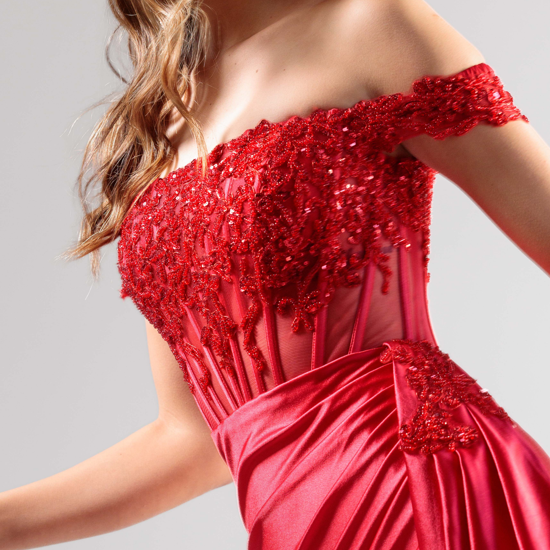 Emma Clara - Vestido Fiesta Corset Escote Bardot Sofía Rojo