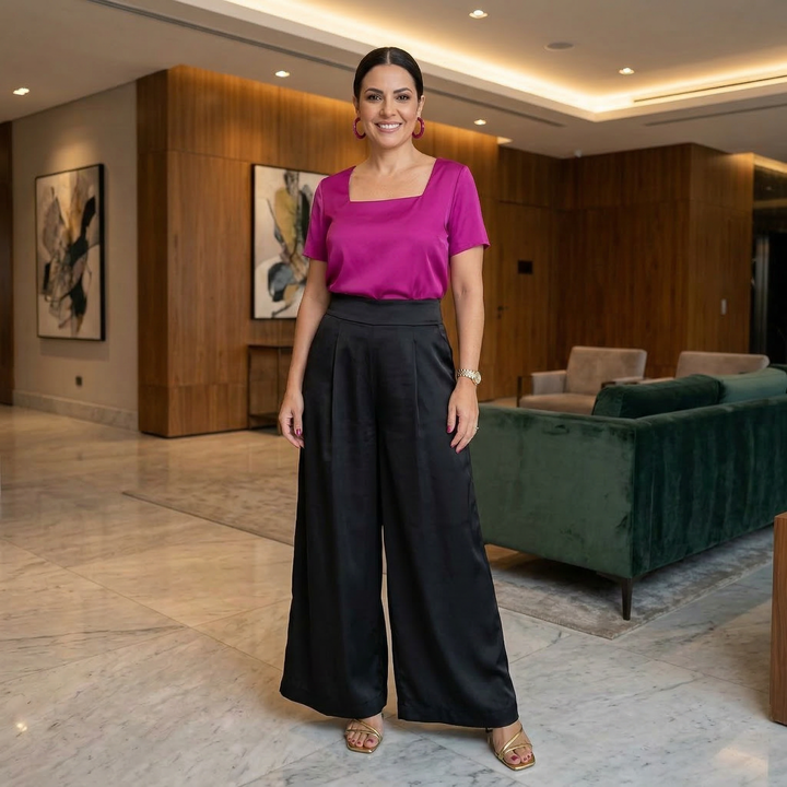 Emma Clara - Pantalón tipo Palazzo simil Satin Negro