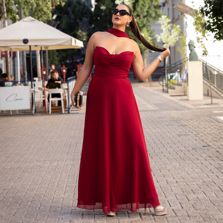 Emma Clara - Vestido Largo Gasa Escote Strapless Pauli Borgoña