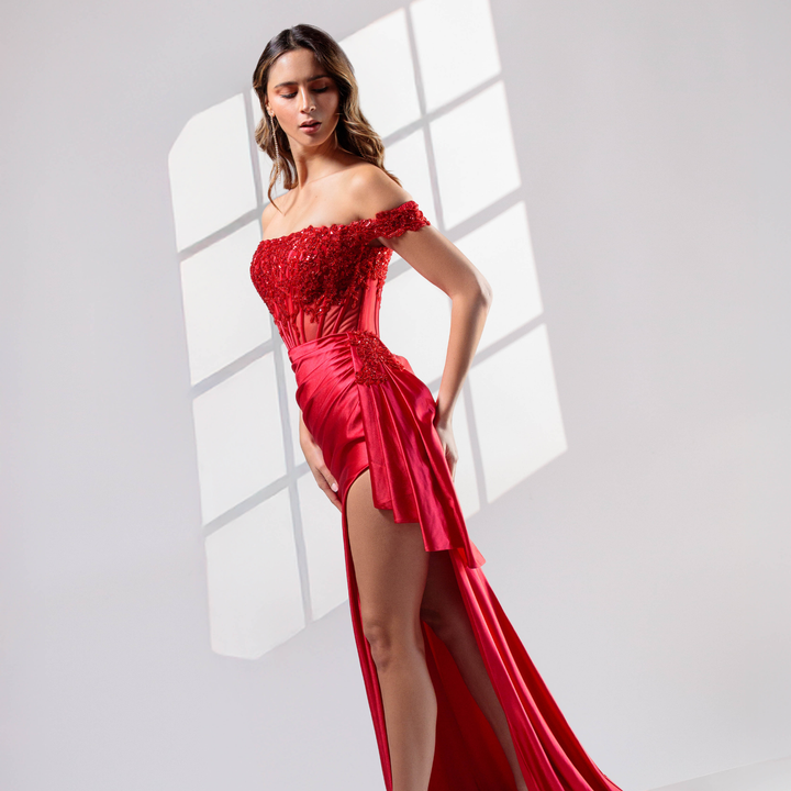 Emma Clara - Vestido Fiesta Corset Escote Bardot Sofía Rojo