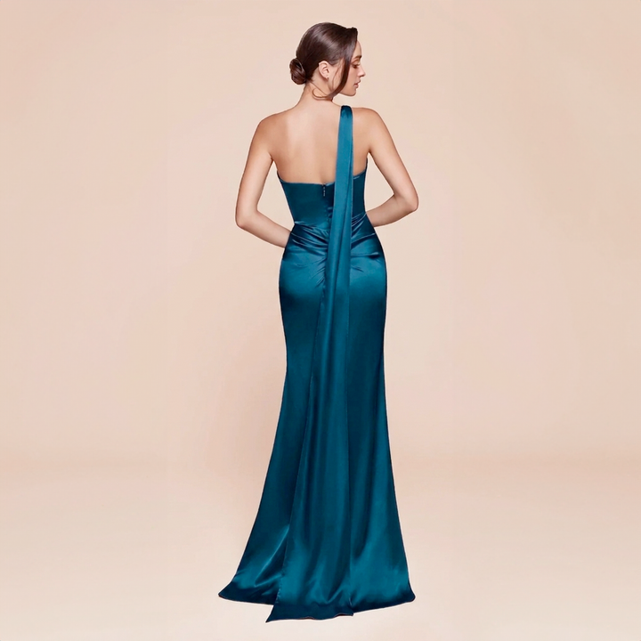 Emma Clara - Vestido de Fiesta Largo Satín Azul Petróleo asimetrico Clo