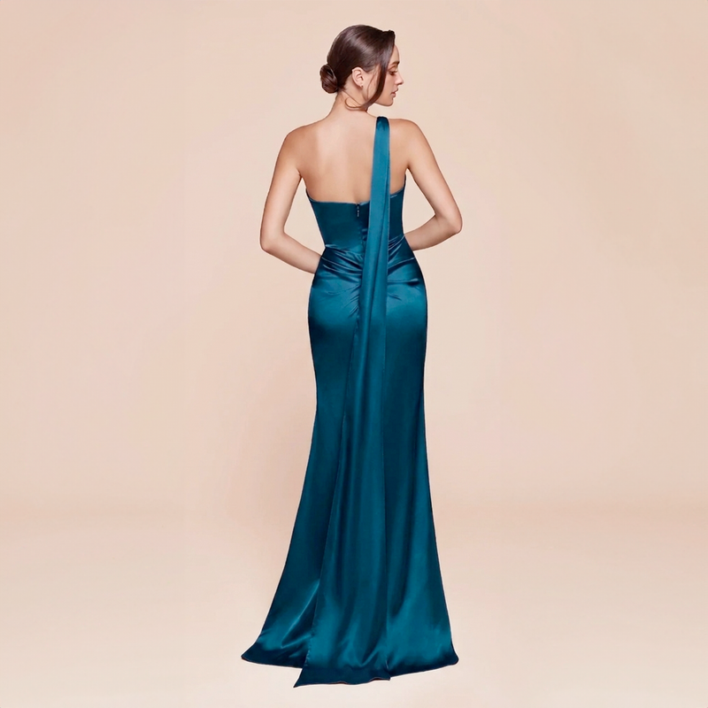 Emma Clara - Vestido de Fiesta Largo Satín Azul Petróleo asimetrico Clo