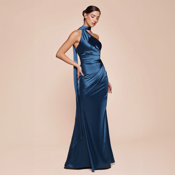 Emma Clara - Vestido de Fiesta Largo Satín Azul Petróleo asimetrico Clo