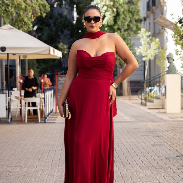 Emma Clara - Vestido Largo Gasa Escote Strapless Pauli Borgoña
