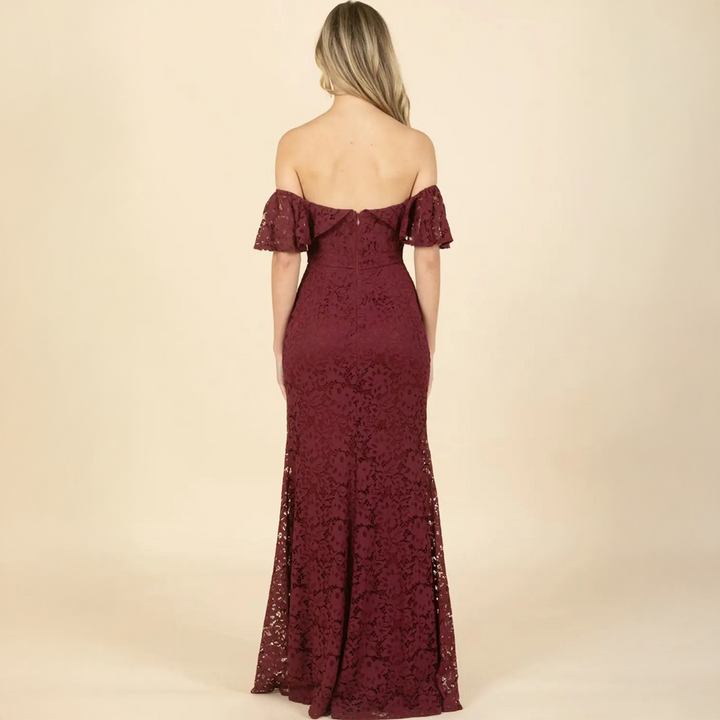 Emma Clara - Vestido Largo Encaje Off Shoulder Alma Borgoña