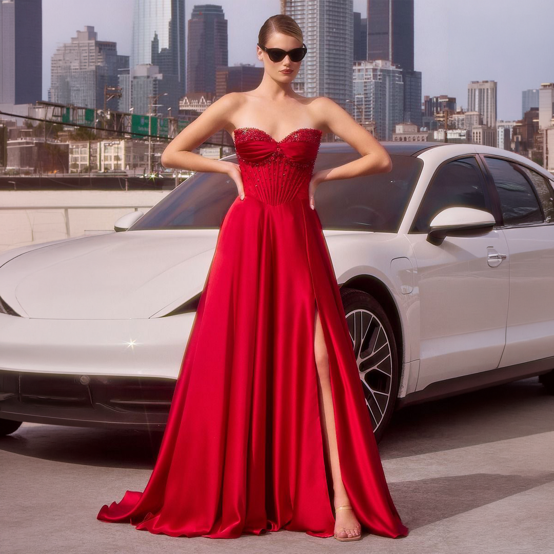 Emma Clara - Vestido de Fiesta Largo Rojo Corset Pedrería Jacinta