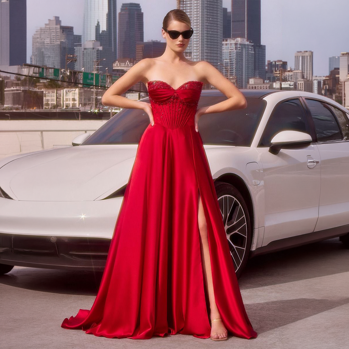 Emma Clara - Vestido de Fiesta Largo Rojo Corset Pedrería Jacinta