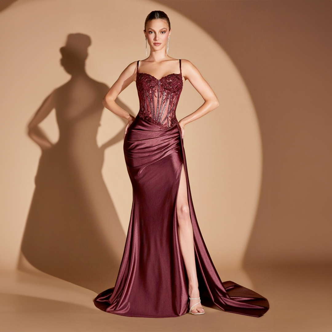 Emma Clara - Vestido De Fiesta Corset y Abertura Violeta Borgoña