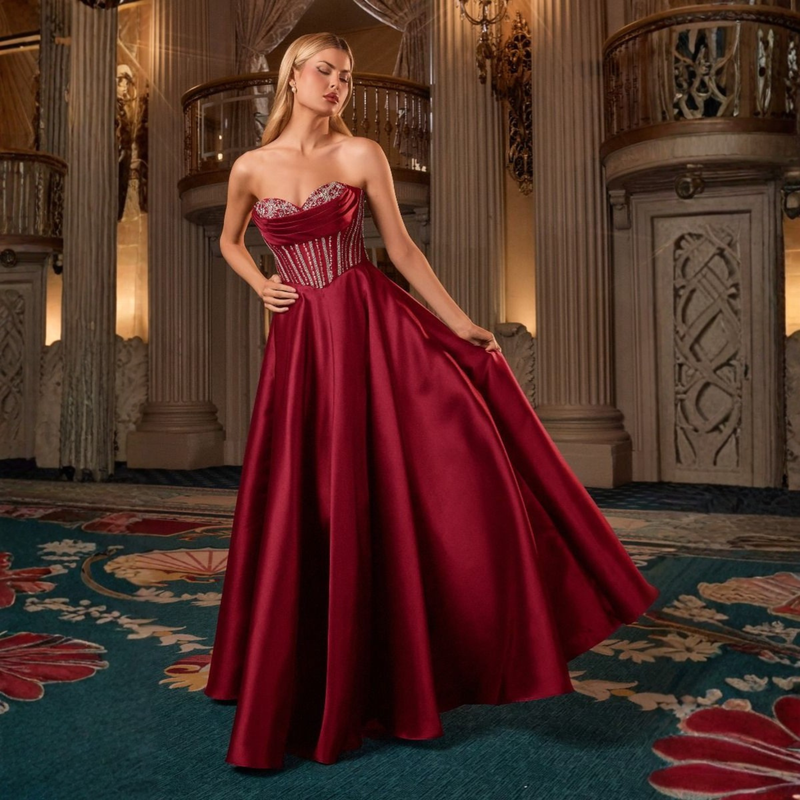 Emma Clara - Vestido de Fiesta Largo Burdeos Pedrería Strapless Karen