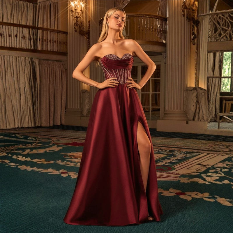 Emma Clara - Vestido de Fiesta Largo Burdeos Pedrería Strapless Karen