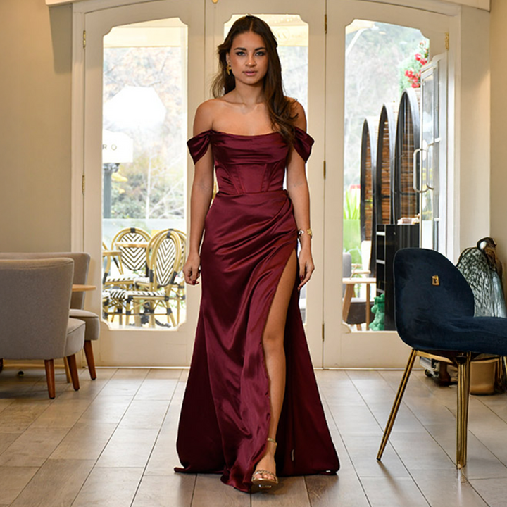 Emma Clara - Vestido De Fiesta Corset Satín Amaya Borgoña