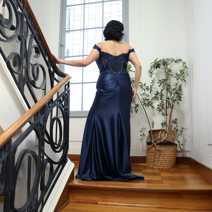 Emma Clara - Vestido De Fiesta Corset En Transparencia Leonor Azul Marino