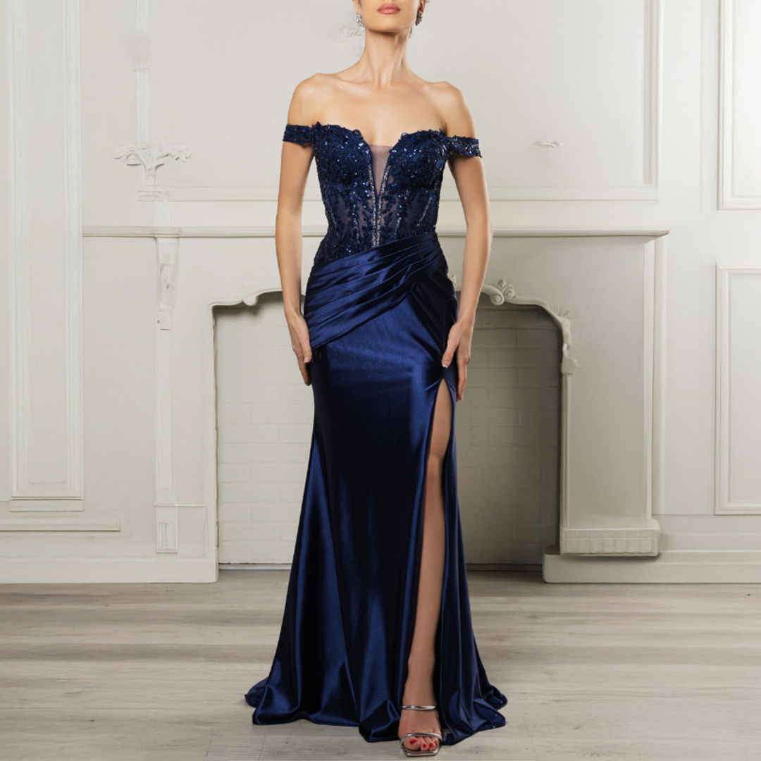 Emma Clara - Vestido De Fiesta Corset En Transparencia Leonor Azul Marino