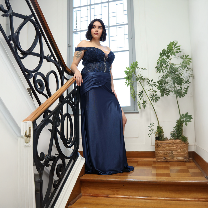 Emma Clara - Vestido De Fiesta Corset En Transparencia Leonor Azul Marino