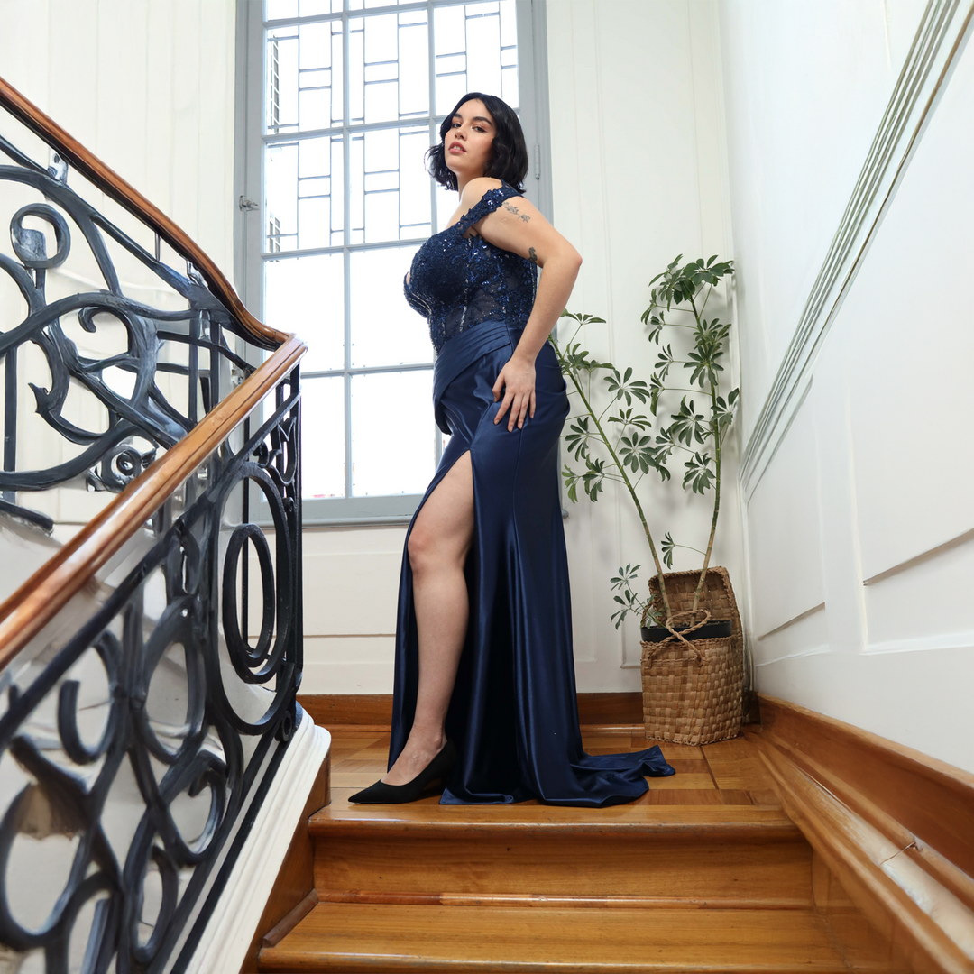Emma Clara - Vestido De Fiesta Corset En Transparencia Leonor Azul Marino