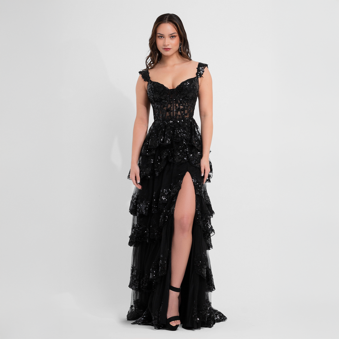 Emma Clara - Vestido De Fiesta A Capas y Lentejuelas Blanca Negro