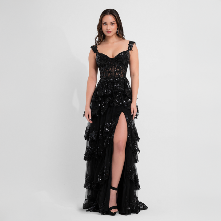 Emma Clara - Vestido De Fiesta A Capas y Lentejuelas Blanca Negro