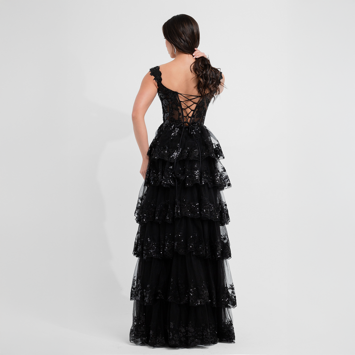 Emma Clara - Vestido De Fiesta A Capas y Lentejuelas Blanca Negro