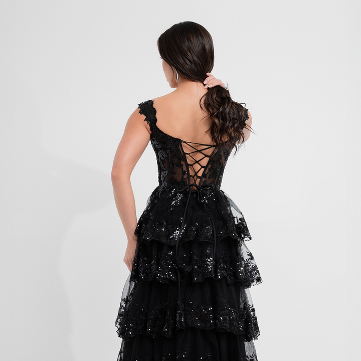 Emma Clara - Vestido De Fiesta A Capas y Lentejuelas Blanca Negro