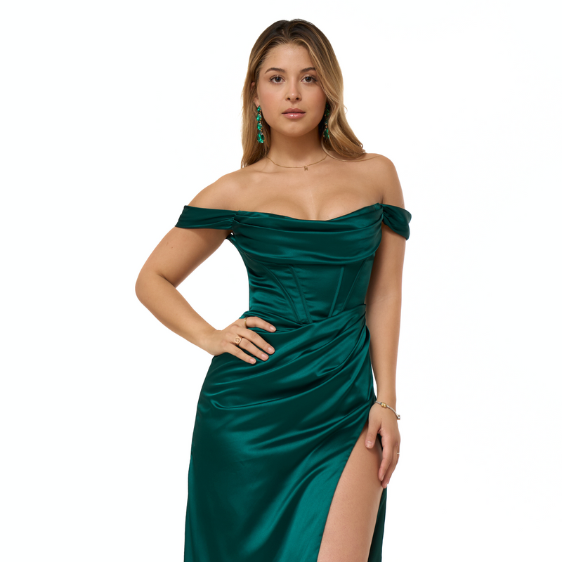 Emma Clara - Vestido De Fiesta Corset Satín Amaya Verde Esmeralda