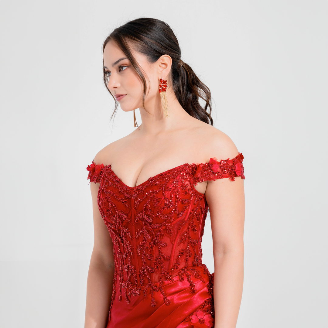 EMMA CLARA - VESTIDO DE FIESTA CORSET BORDADO MARTINA-Borgoña